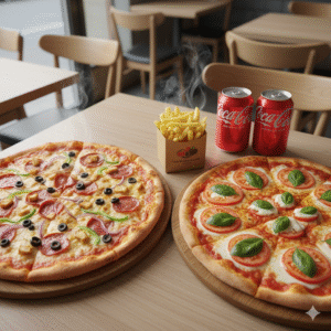 2 Pizzas 32 cm con Patatas y 2 Latas de Coca-Cola